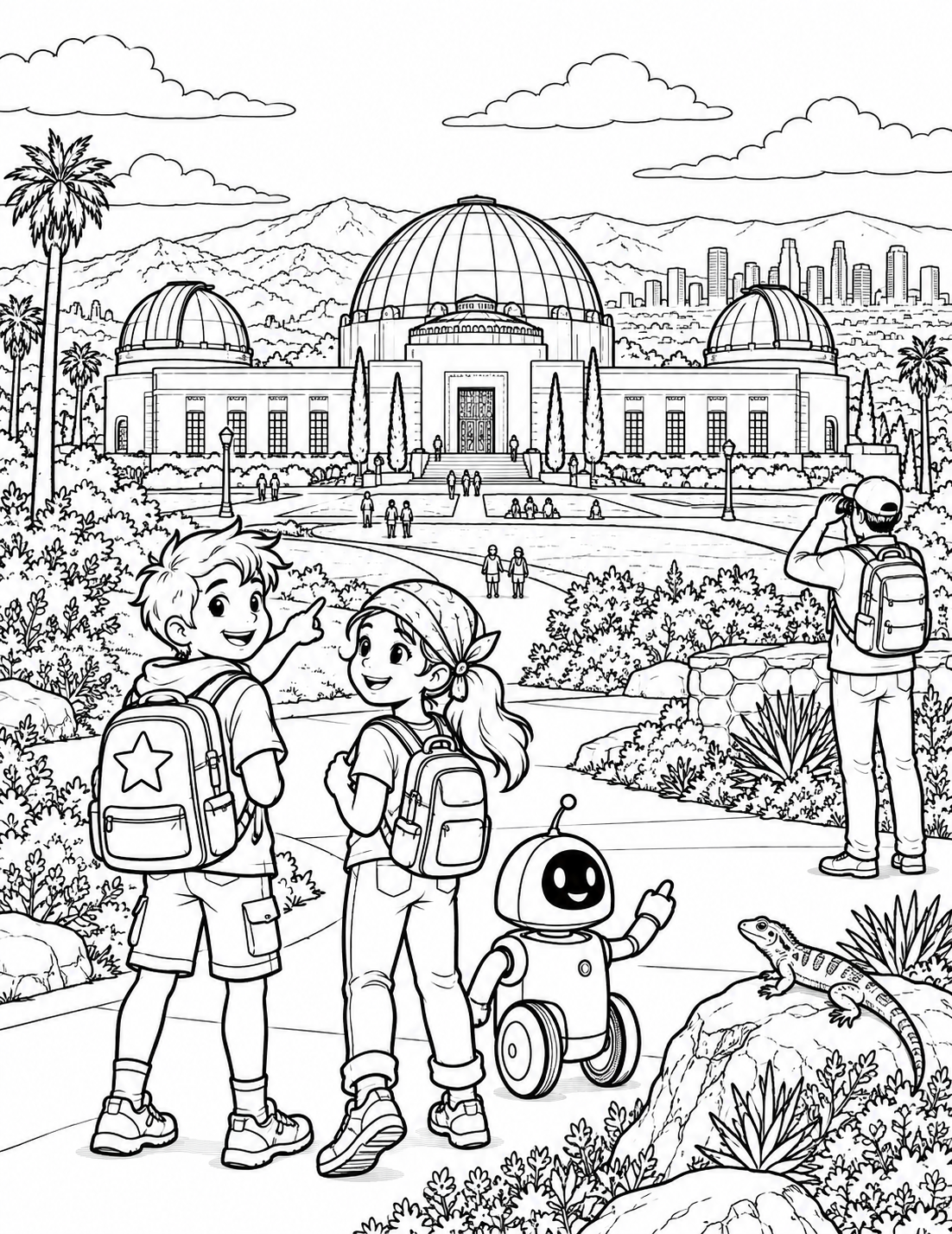 Griffith Observatory, hillside plants and young explorers.
